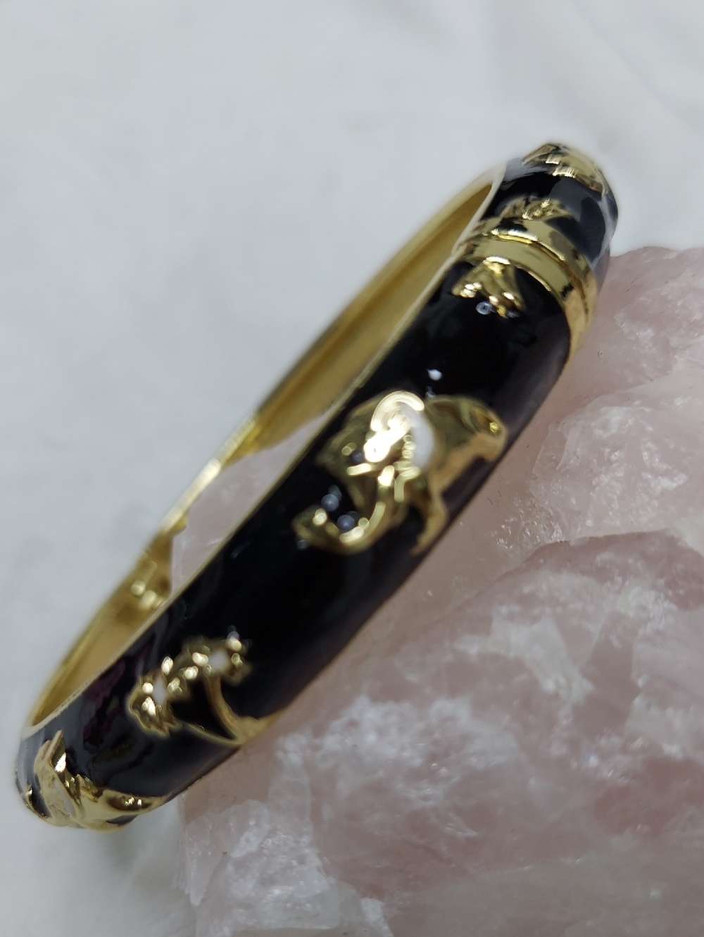 Gold-Tone Black Enamel Hinged Bangle Bracelet